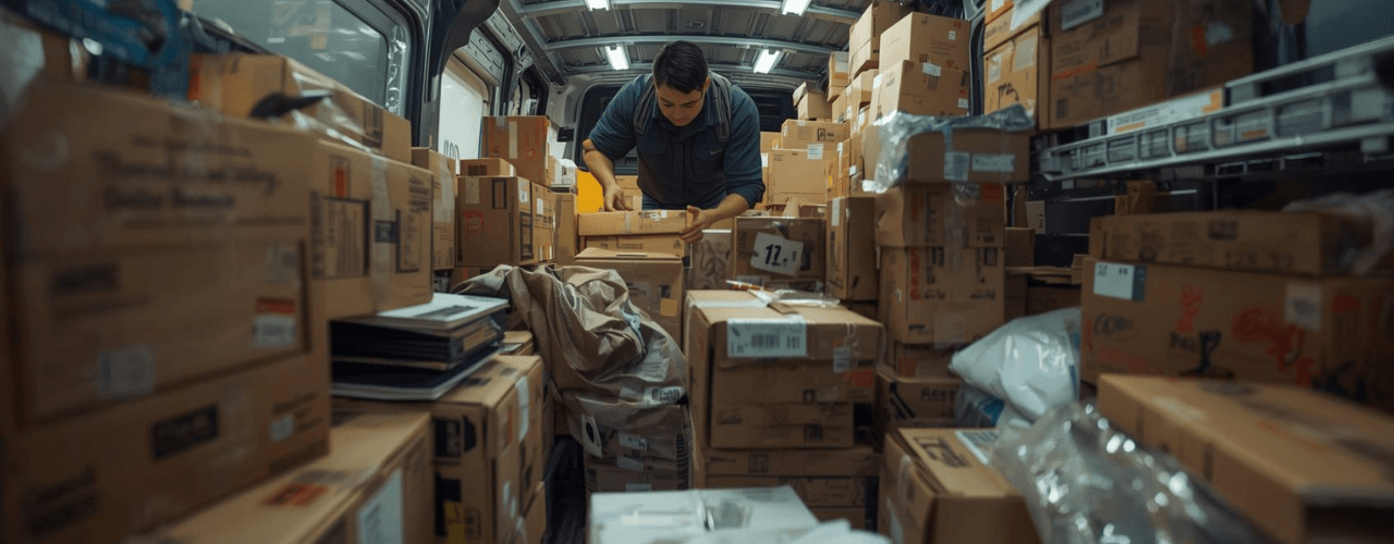 Delivery driver finding parcels in a busy van, whilst using a multi stop route planner