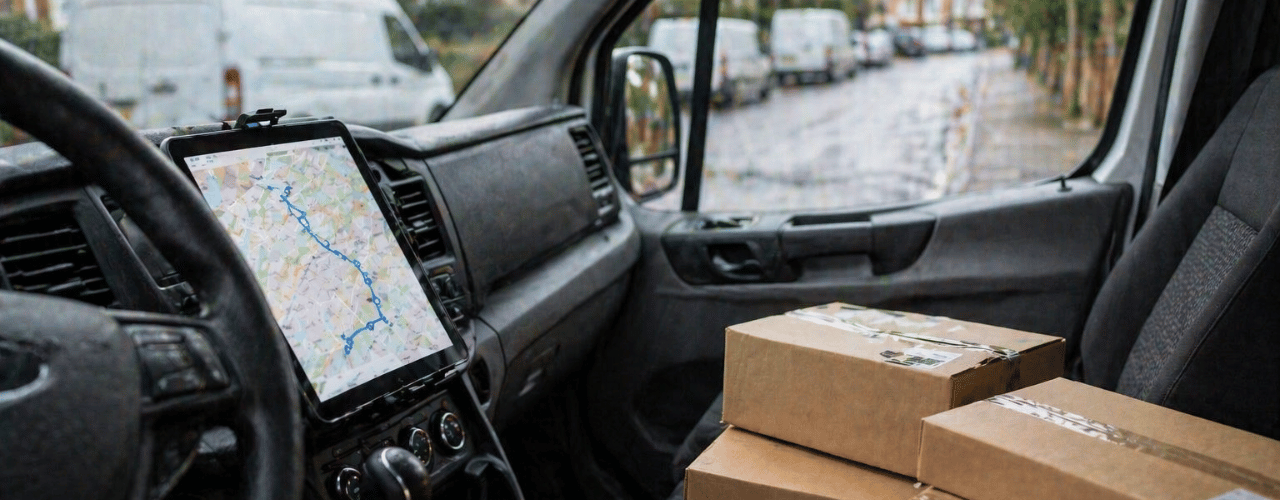 Delivery van showing a mapped route, illustrating multi-drop route planning for high-volume deliveries