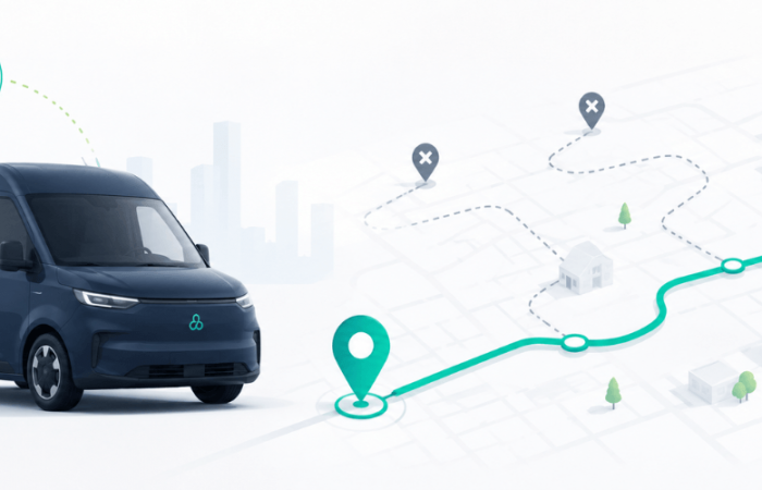 Delm8 route planner showing an electric delivery van, EV charging point and optimised route to reduce wasted miles.