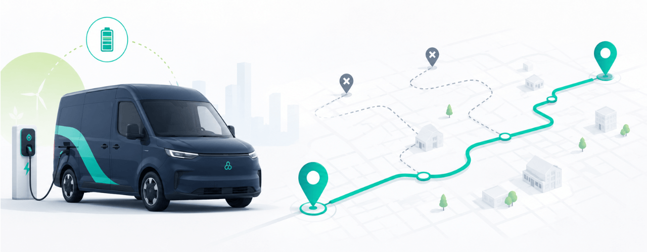 Delm8 route planner showing an electric delivery van, EV charging point and optimised route to reduce wasted miles.