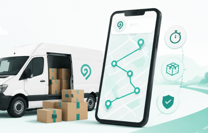 Delm8 route organiser app showing a delivery van, parcels and optimised route for faster summer deliveries.