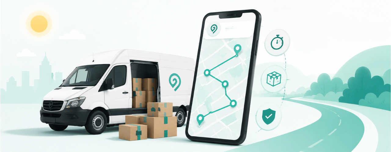 Delm8 route organiser app showing a delivery van, parcels and optimised route for faster summer deliveries.