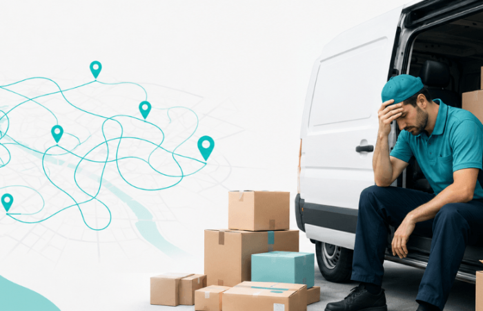 Delm8 Multi-Drop Route Planner showing a stressed delivery driver beside a van with parcels and a chaotic route map.