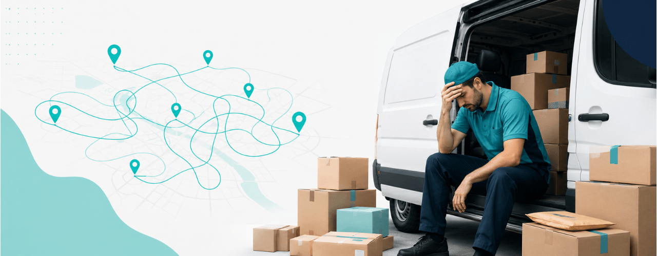 Delm8 Multi-Drop Route Planner showing a stressed delivery driver beside a van with parcels and a chaotic route map.