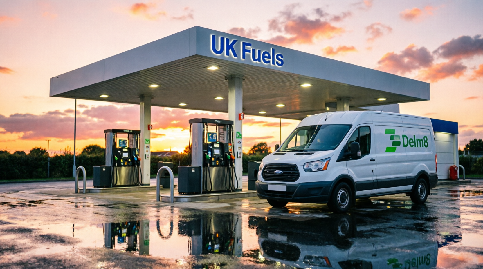 UK Fuels station with Delm8 van at sunset